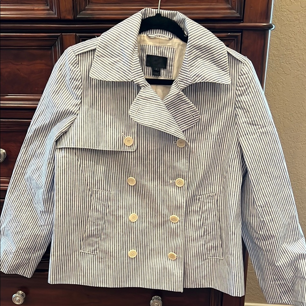 J. Crew Blue and White cropped Pea Coat with Nautical Flair